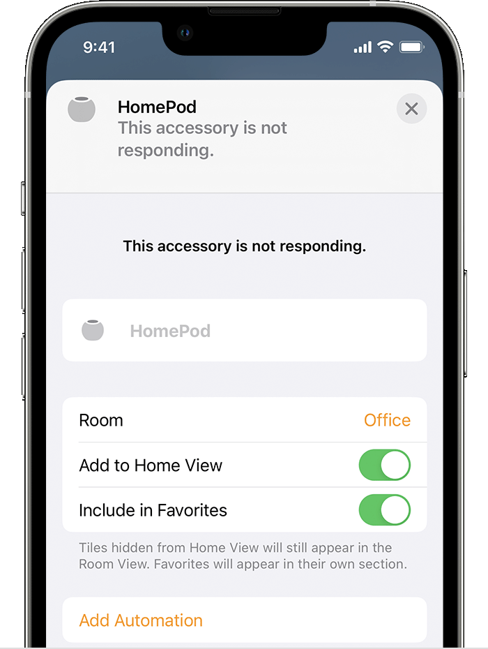 HomePod settings with "This accessory is not responding" notification