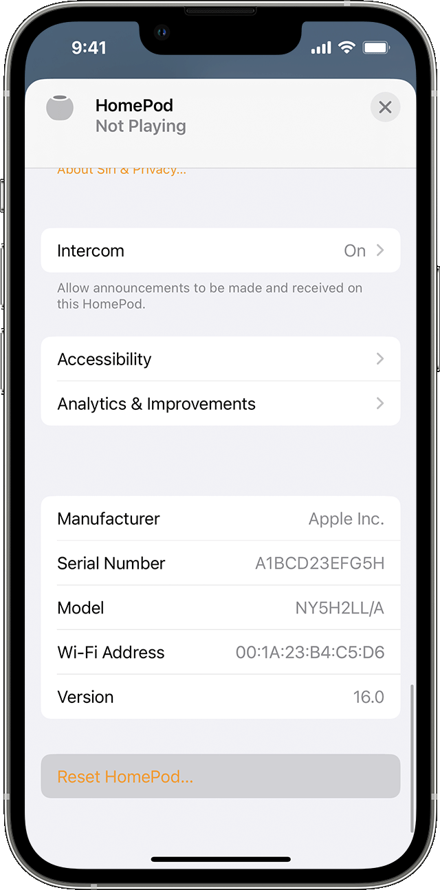iPhone with Home app open showing Reset HomePod 