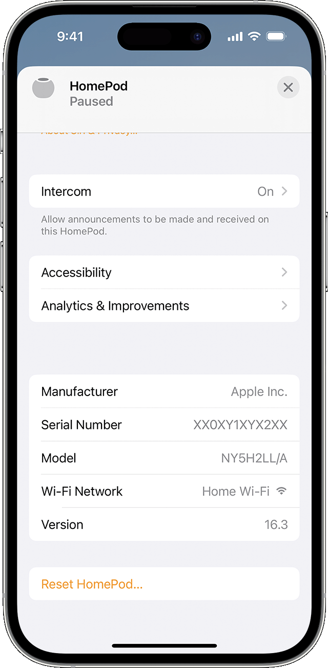 Home app on iPhone showing the location of the serial number in HomePod settings