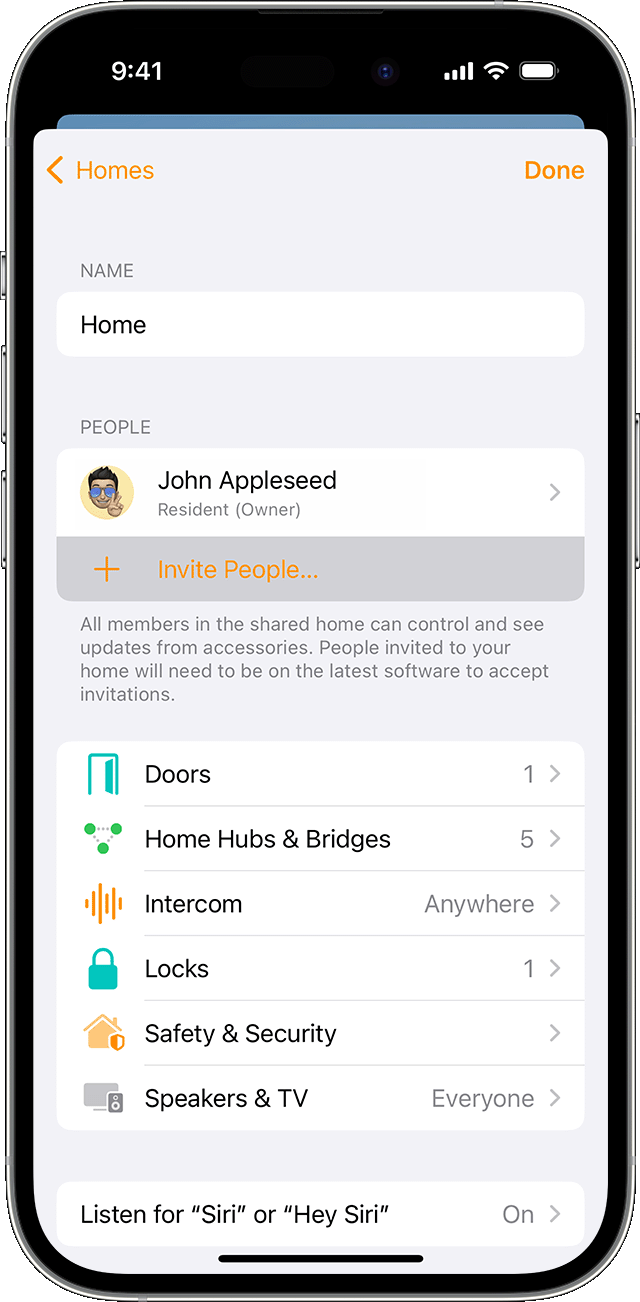 iPhone with Home app showing Invite People option in Home Settings