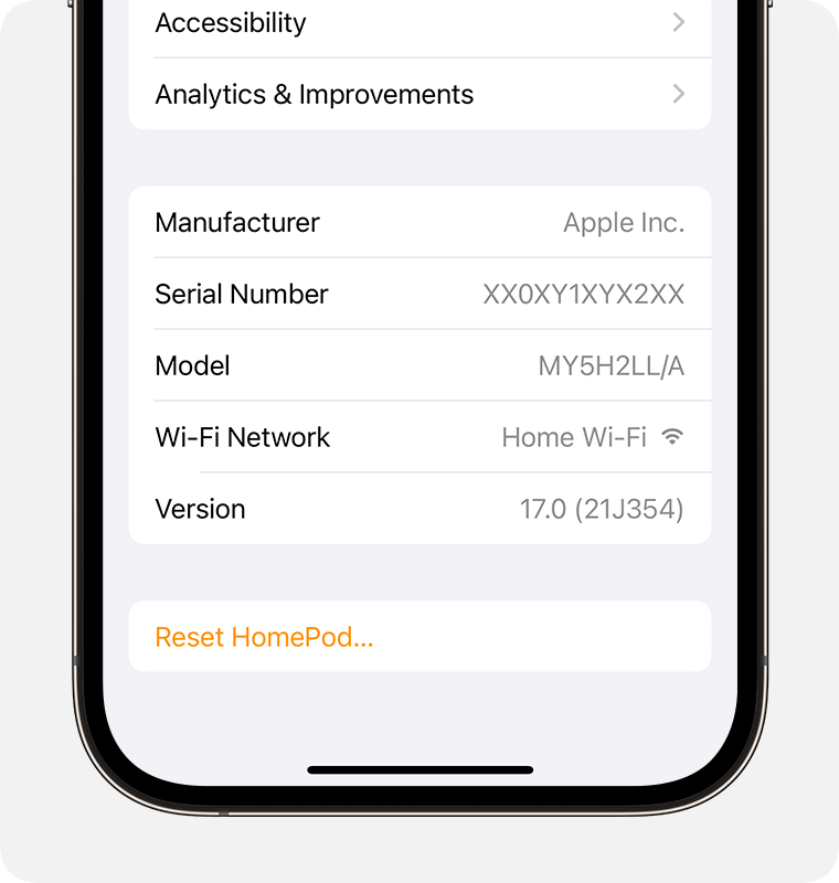 The serial number appears towards the bottom of the HomePod settings screen