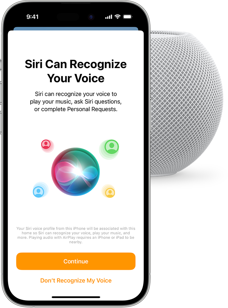 iOS screenshot showing HomePod Can Recognize Your Voice. 