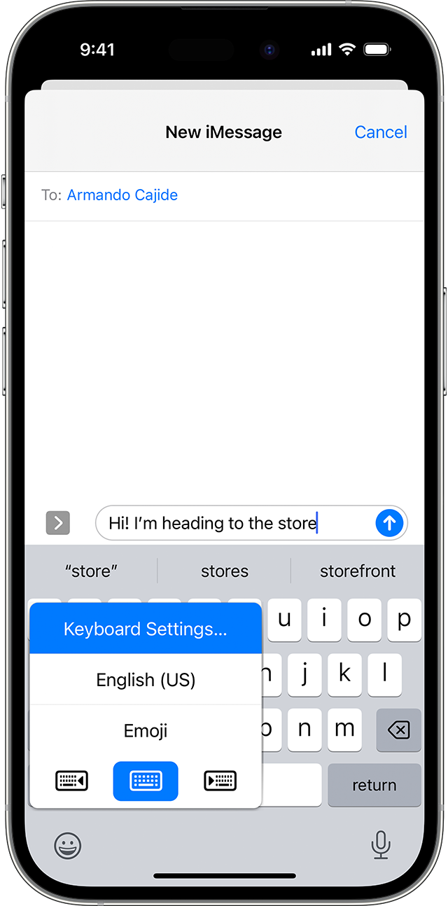 Екран iPhone із параметрами клавіатури для предиктивного введення тексту