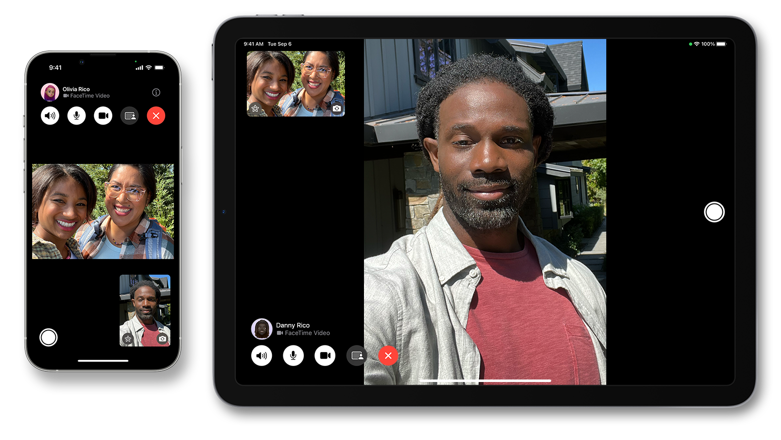 Un iPhone junto a un iPad. En ambos dispositivos, se muestran videollamadas de FaceTime en curso.