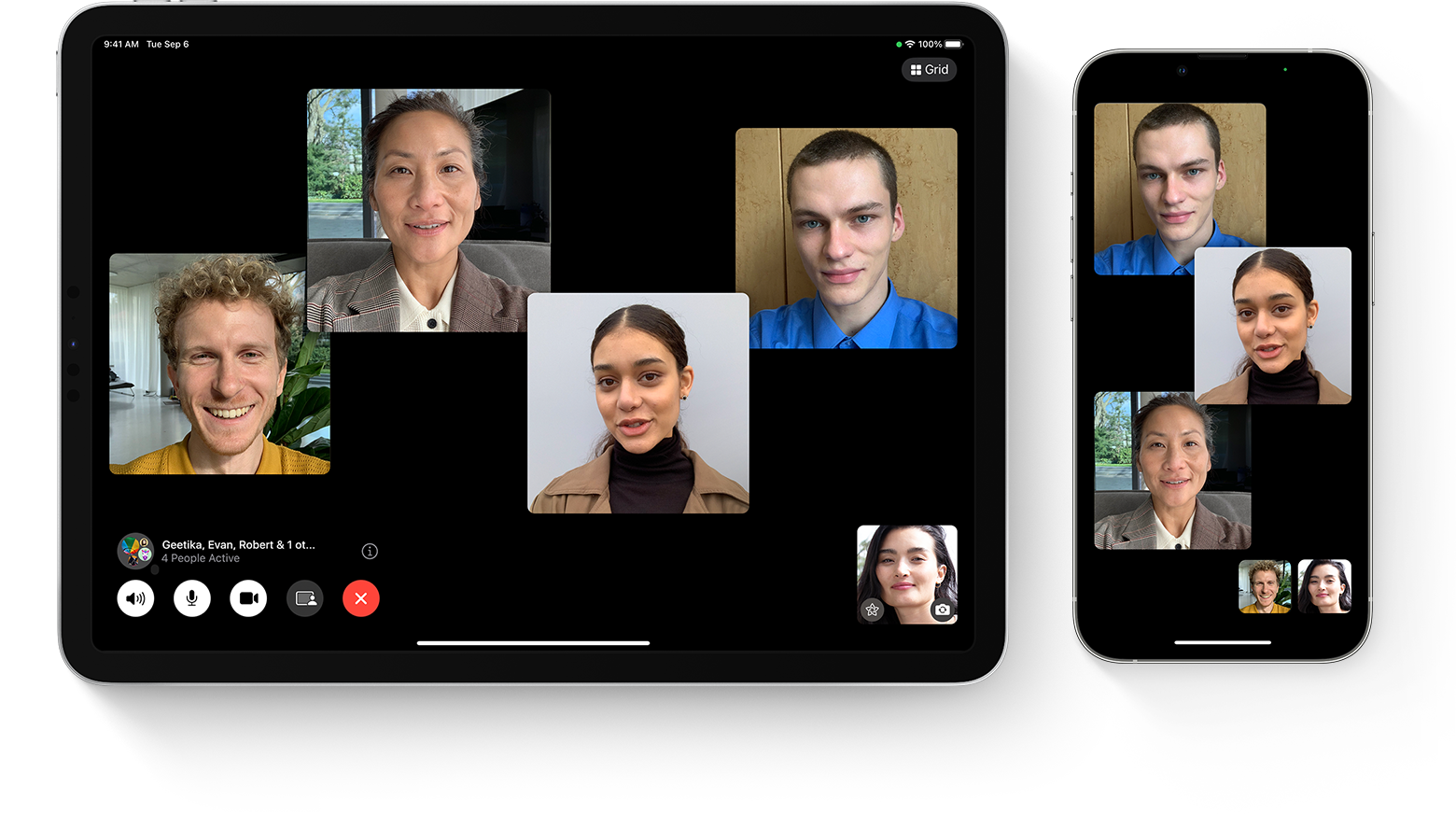 iPhone e iPad a mostrarem uma chamada FaceTime de grupo