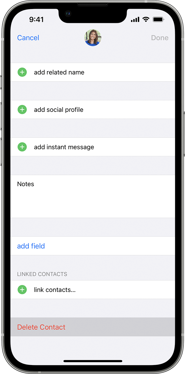 La pantalla de un iPhone en la que se muestra la opción de eliminar un contacto