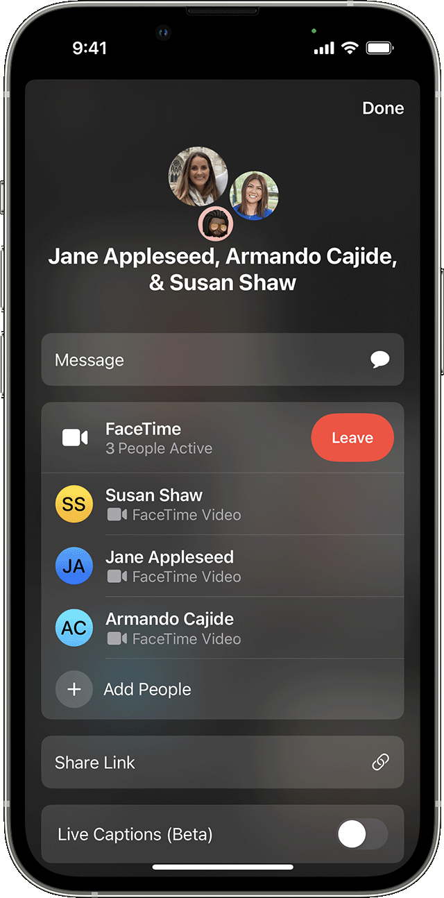 iPhone a mostrar como adicionar alguém a uma chamada FaceTime de grupo
