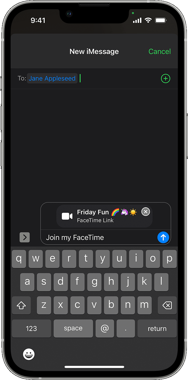 En iPhone, der viser en ny udgående iMessage-invitation med et link til et FaceTime-opkald i tekstfeltet.