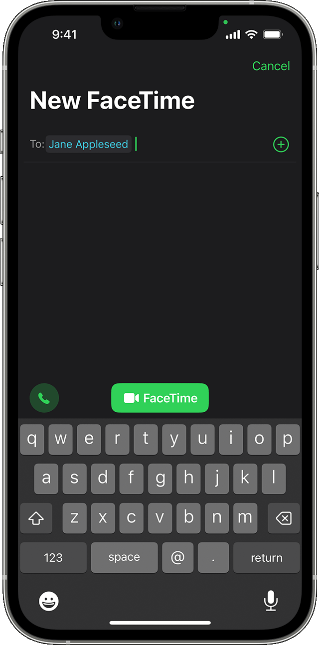 Sebuah iPhone menampilkan app Telepon saat panggilan berlangsung dengan Jane Appleseed. Tombol FaceTime terdapat di baris kedua ikon di bagian tengah layar.