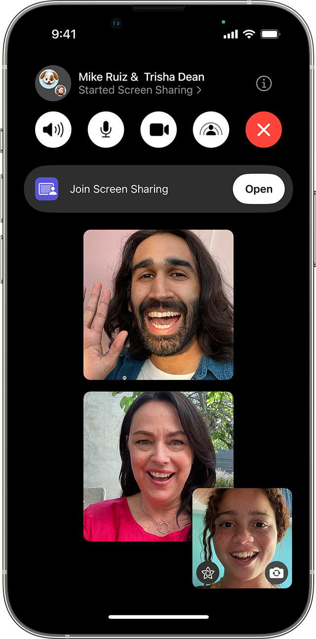 An iPhone showing a FaceTime call. Join Screen Sharing is under the FaceTime controls at the top of the screen.