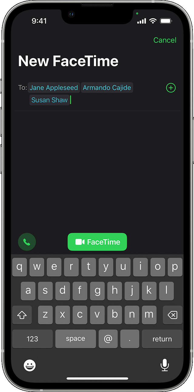 iPhone a mostrar como iniciar uma chamada FaceTime de grupo a partir da app FaceTime