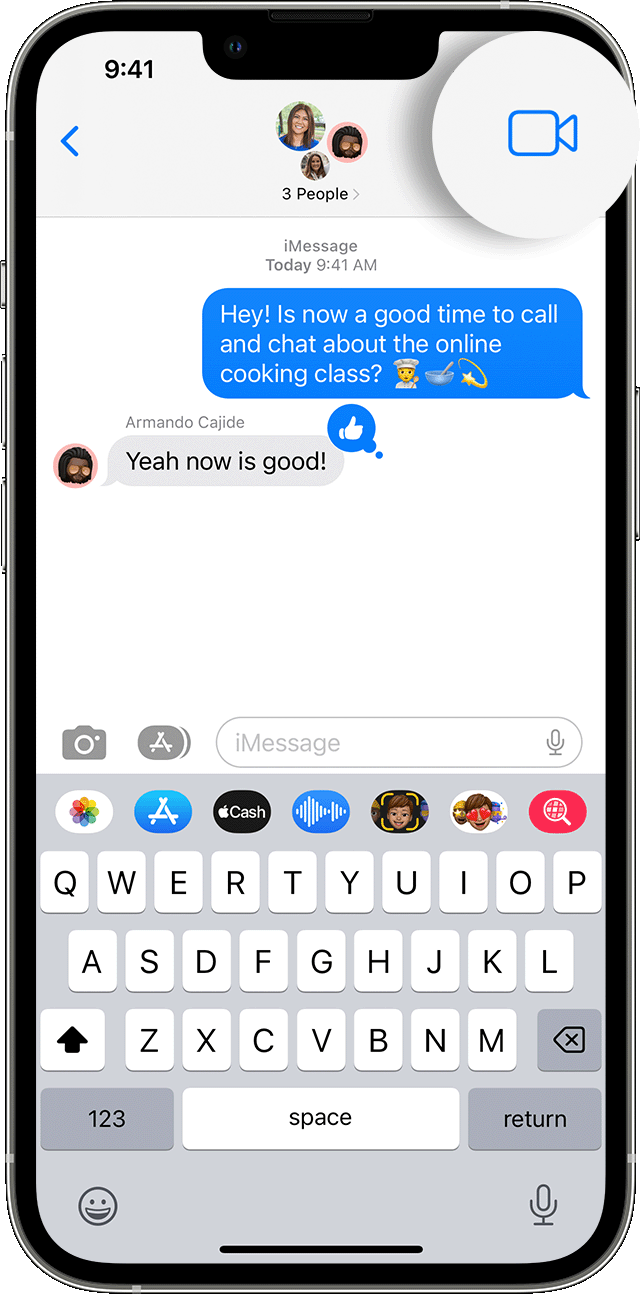 iPhone يوضح كيفية بدء مكالمة فيس تايم جماعية من تطبيق الرسائل