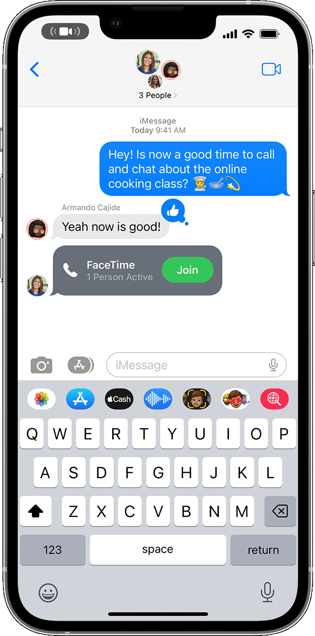 iPhone a mostrar como aderir a uma chamada do FaceTime a partir de uma mensagem de grupo