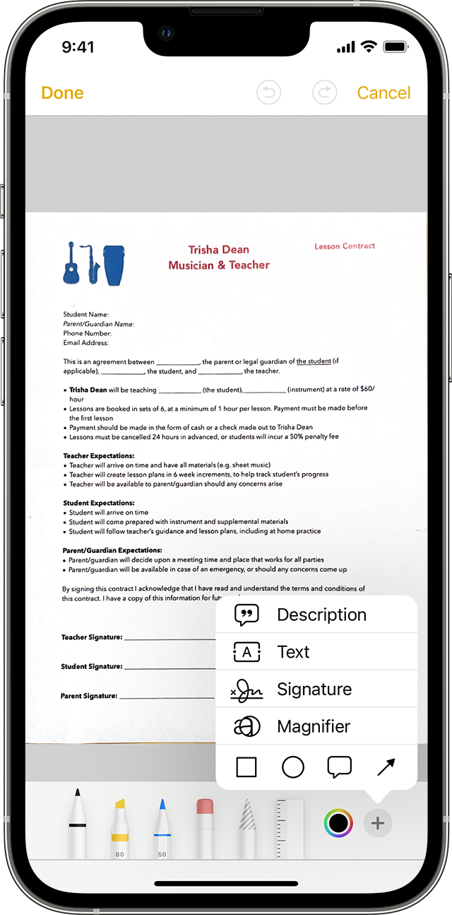 Dans Notes sur votre iPhone, vous pouvez utiliser la fonctionnalité d’annotation pour signer un document numérisé.