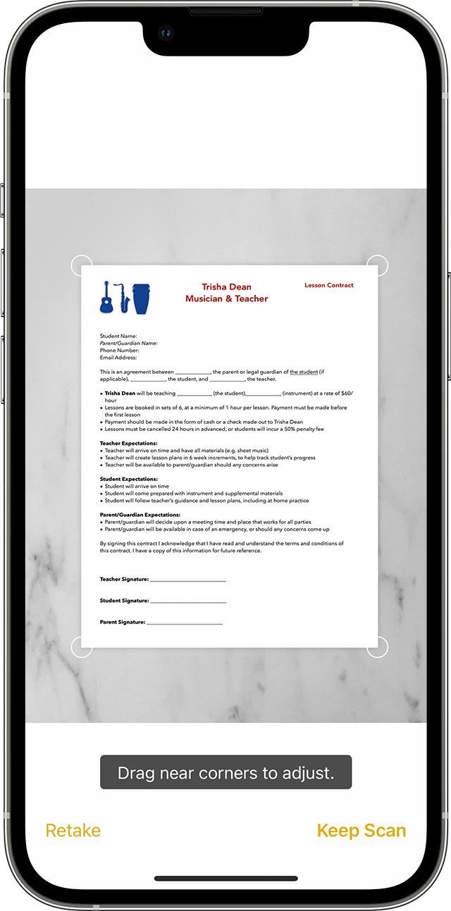 A user scans a music lessons contract in Notes on their iPhone.