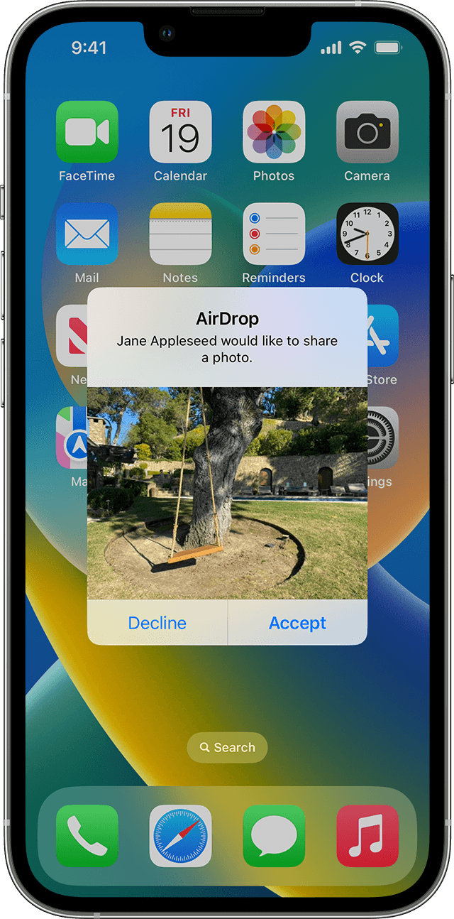 iPhone 顯示 AirDrop 傳入樹下鞦韆的照片，以及拒絕或接受的選項。