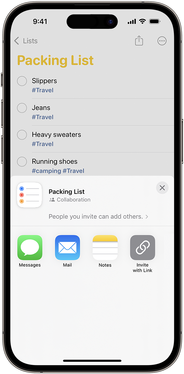 The options to share a Reminders list in iOS 16.