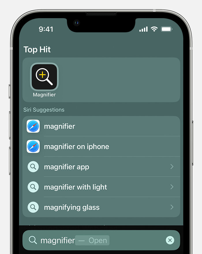 iPhone showing a search for the Magnifier app. The Magnifier app icon appears as the top hit.