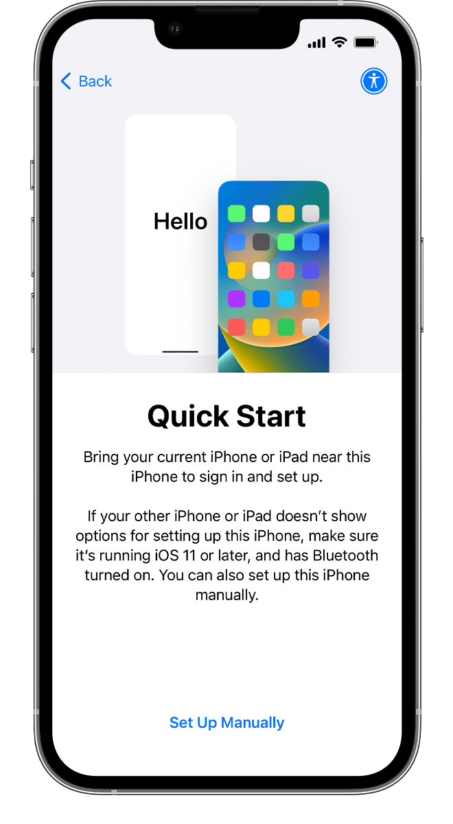 A new iPhone showing the Quick Start Screen. The instructions advise you to bring your current device near your old device.