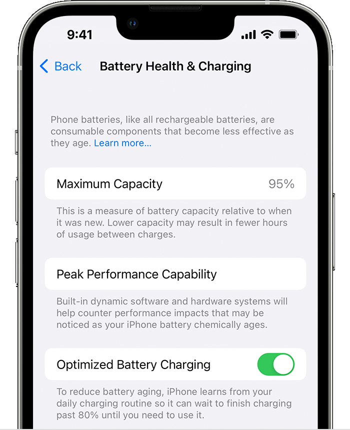 Snímek obrazovky nastavení kondice baterie