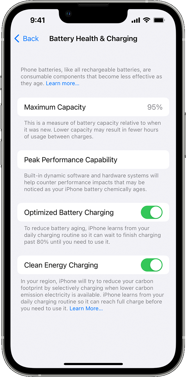 Screenshot of Battery Health & Charging settings