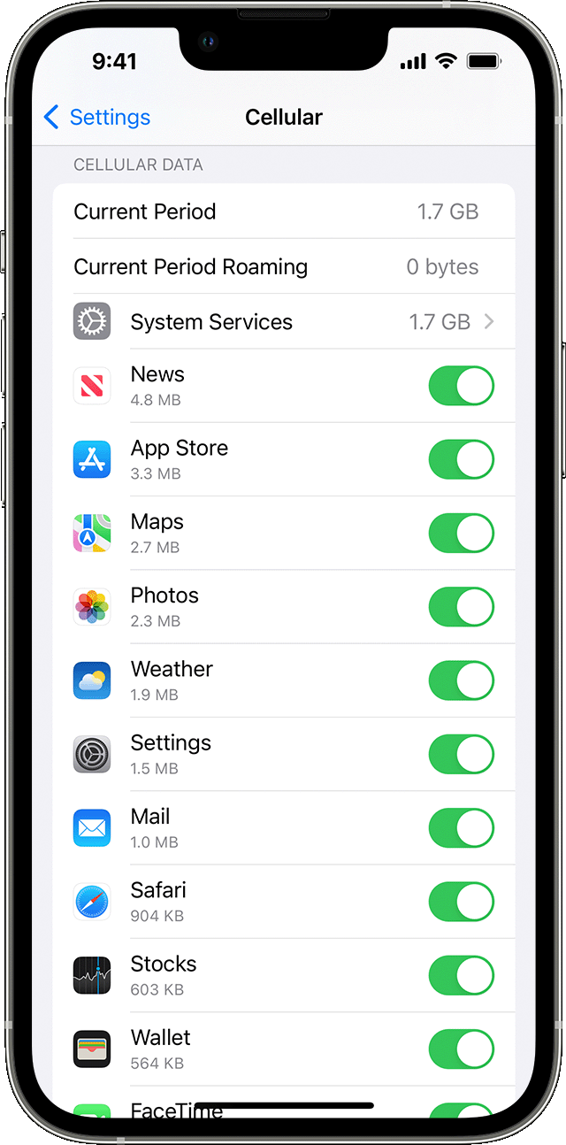 An iPhone screen showing cellular data usage
