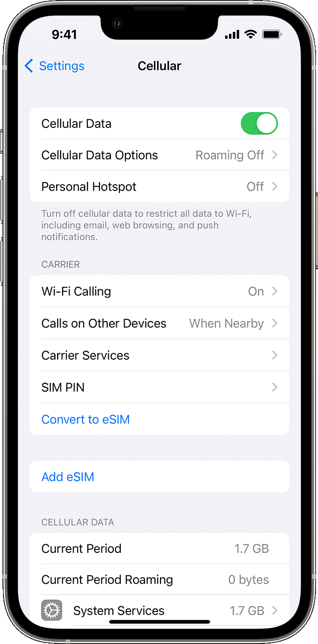 En iPhone-skærm, der viser indstillinger for mobildata