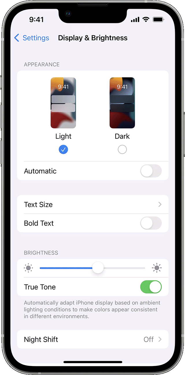 Display & Brightness screen showing Appearance and Brightness options
