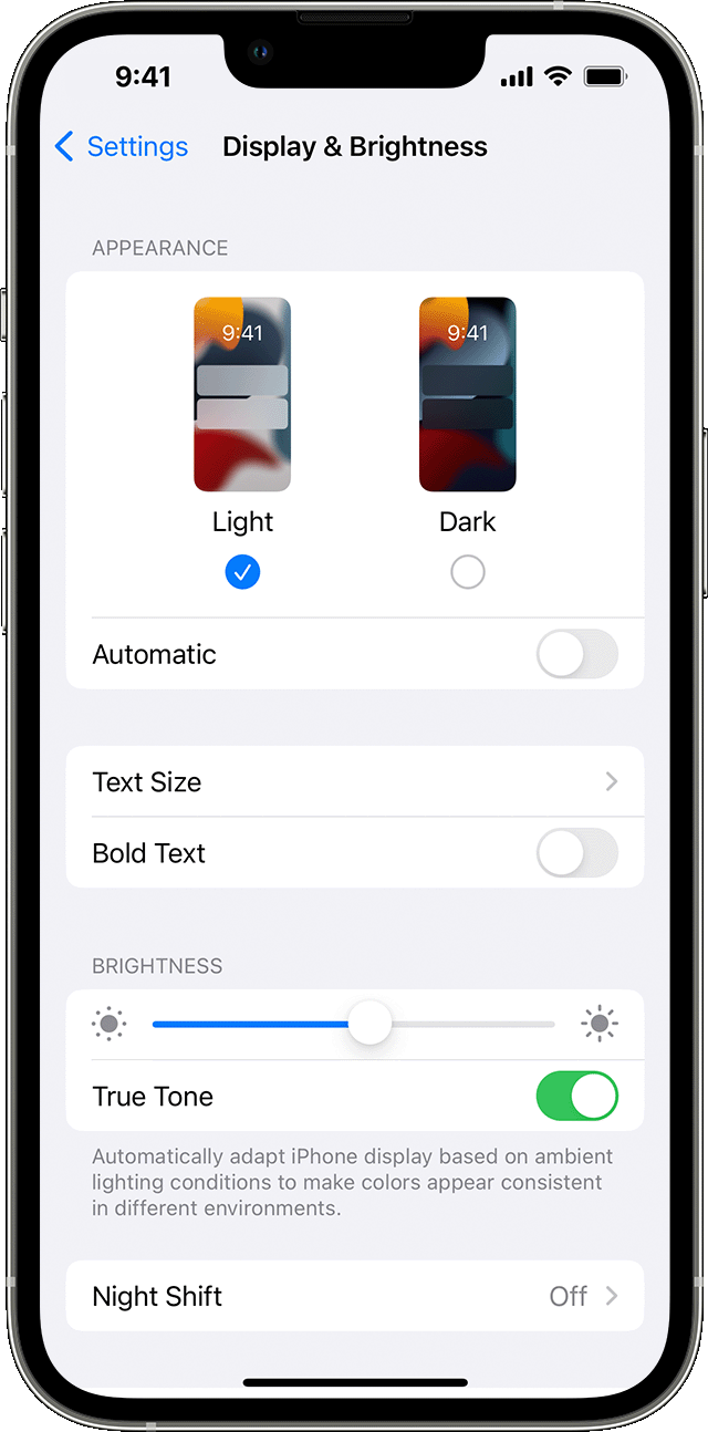 Réglage de la luminosité sur un iPhone depuis l’app Réglages.