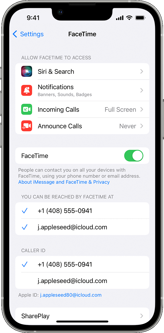 iPhone showing the FaceTime settings screen, with FaceTime turned on.