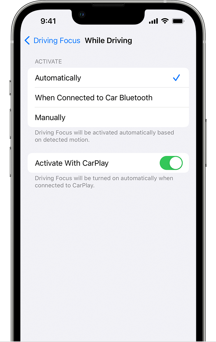 iPhone showing how to turn Driving on automatically