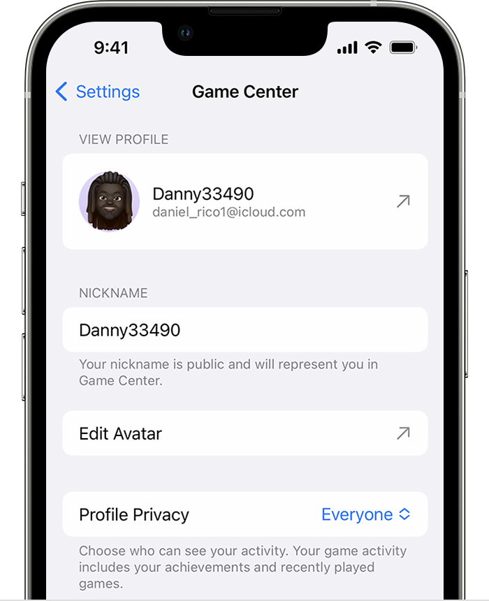 Game Center în configurările pentru iPhone