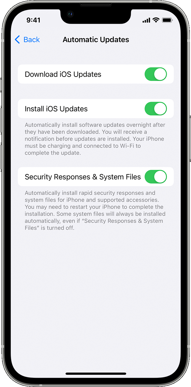 The Settings app on iPhone showing options to update your device automatically.