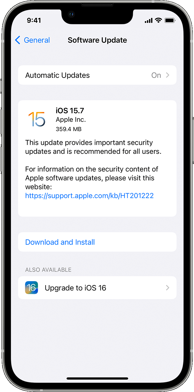 Lietotne Settings iPhone ierīcē, kurā parādītas iespējas atjaunināt uz iOS 15.7 vai iOS 16.
