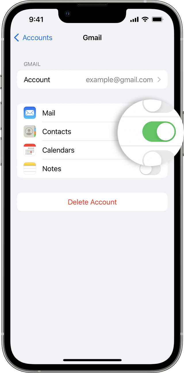 Écran d’iPhone montrant comment activer l’option Contacts pour votre compte Gmail