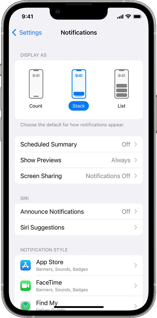 iPhone affichant les réglages pour les notifications, avec l’option d’affichage sous forme de Pile sélectionnée.