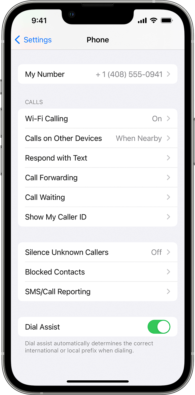 iPhone que muestra la pantalla de Teléfono, con la opción Llamadas por Wi-Fi activada.