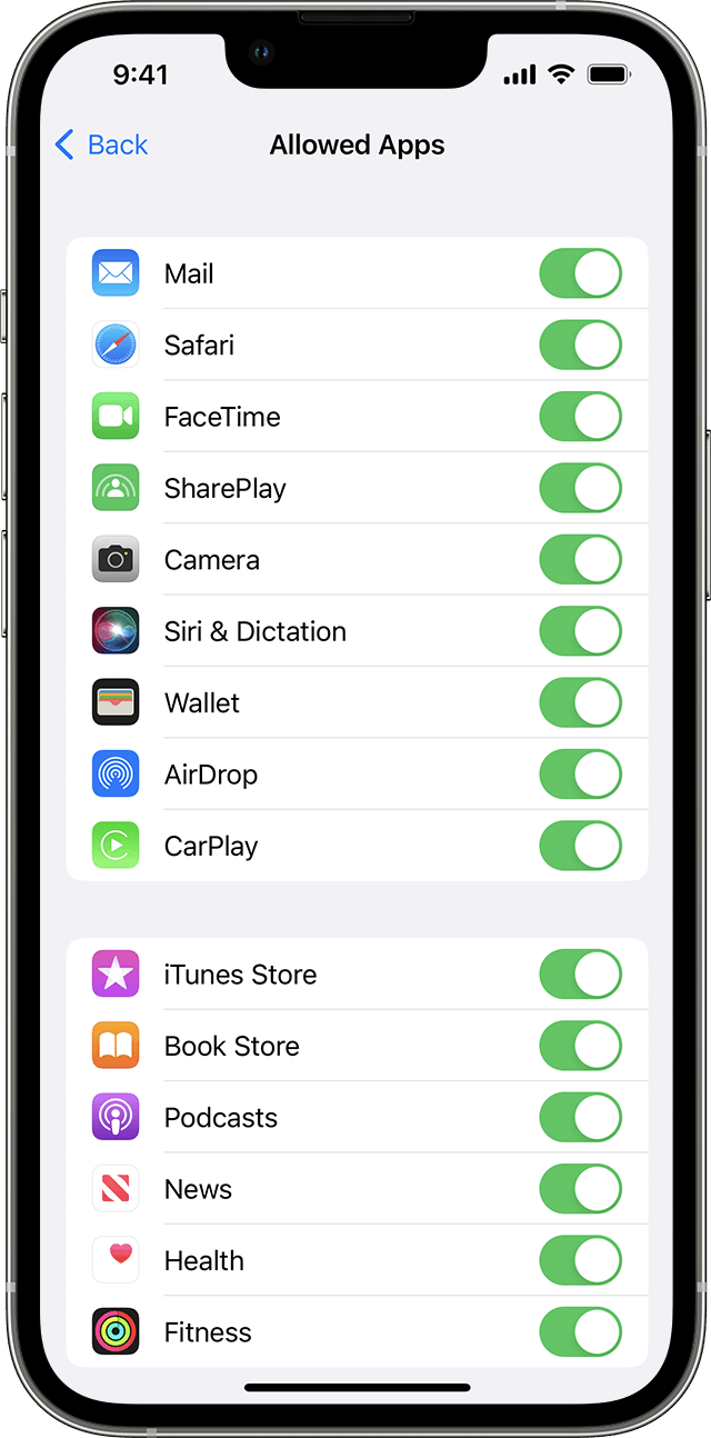An iPhone showing the Allowed Apps screen. Selected apps have their toggle turned on.