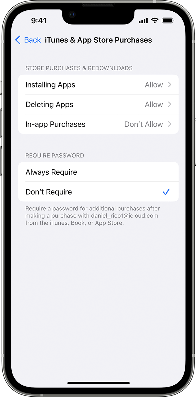 An iPhone showing the iTunes & App Store Purchases screen. Under Require Password, the Don't Require option is selected with a checkmark next to it.