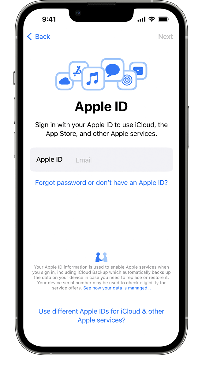 A new iPhone showing the Apple ID screen, where you can sign in with your Apple ID and password.