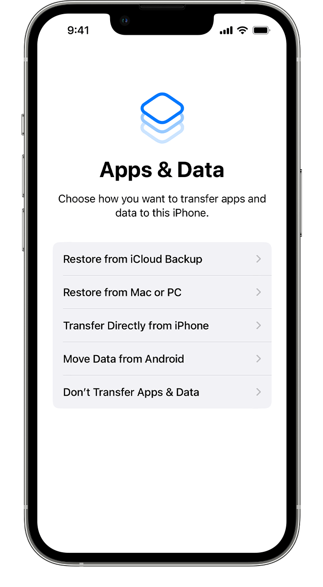 A new iPhone showing the Apps & Data screen, where you can select how you want to transfer your data to this device.