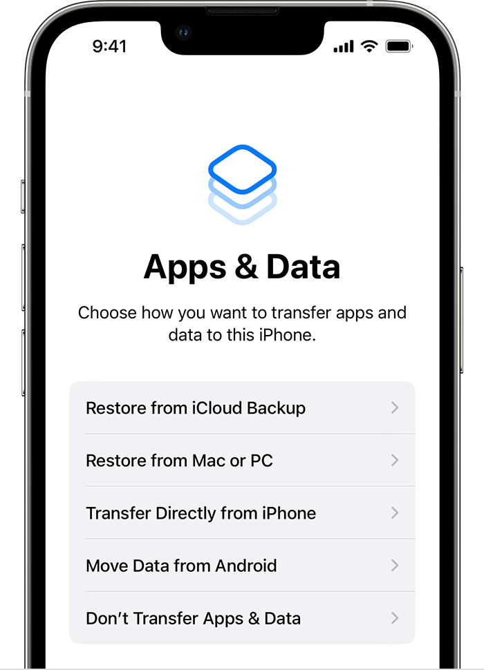 An iPhone showing the options to transfer apps and data