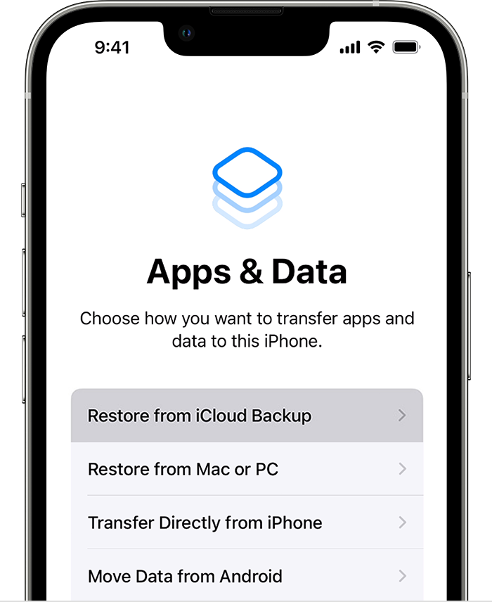 An iPhone showing the Apps & Data screen with the first option, Restore from an iCloud Backup, selected.