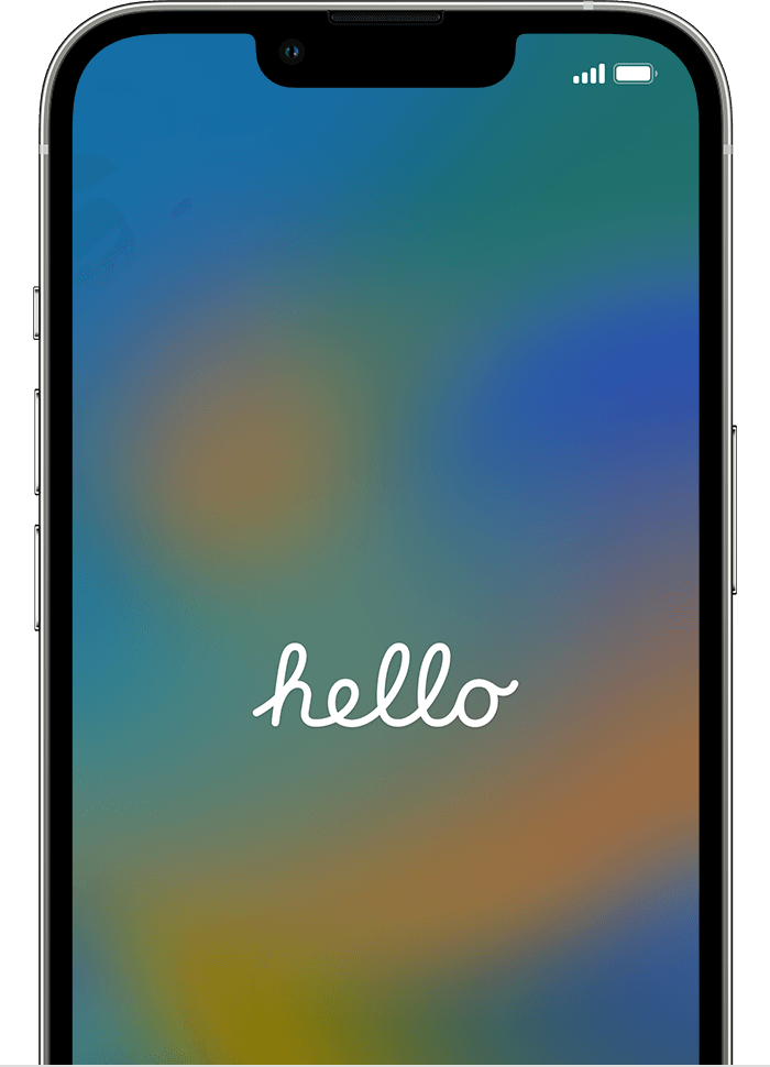 An iPhone showing the Hello screen