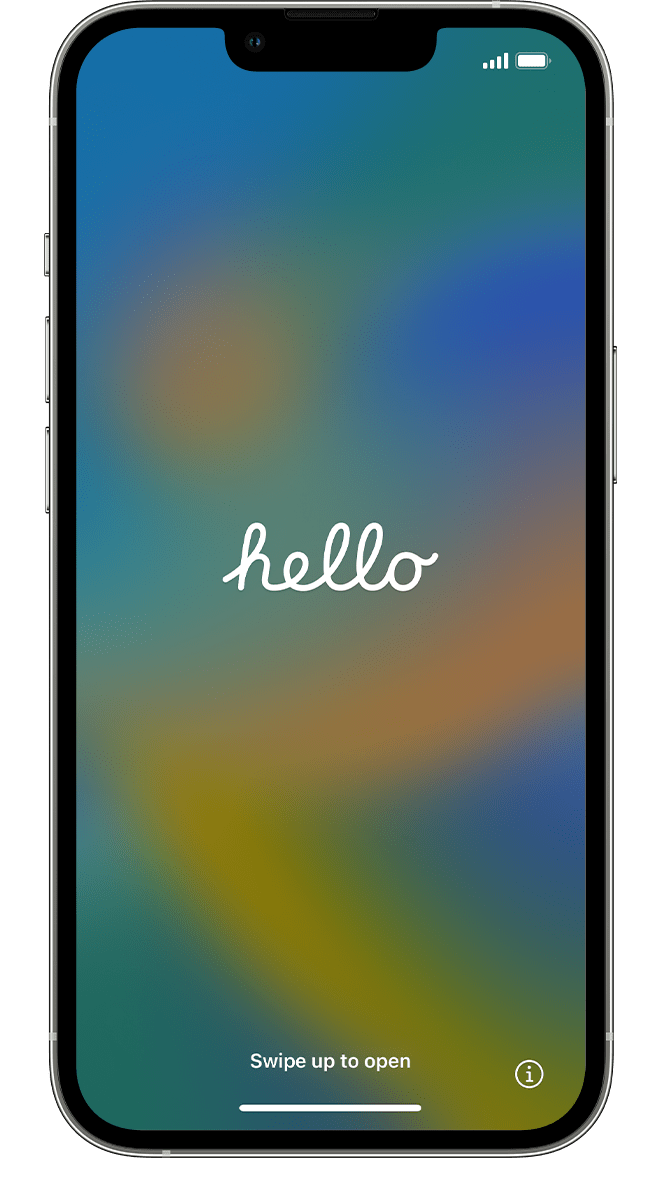A new iPhone showing the Hello screen.