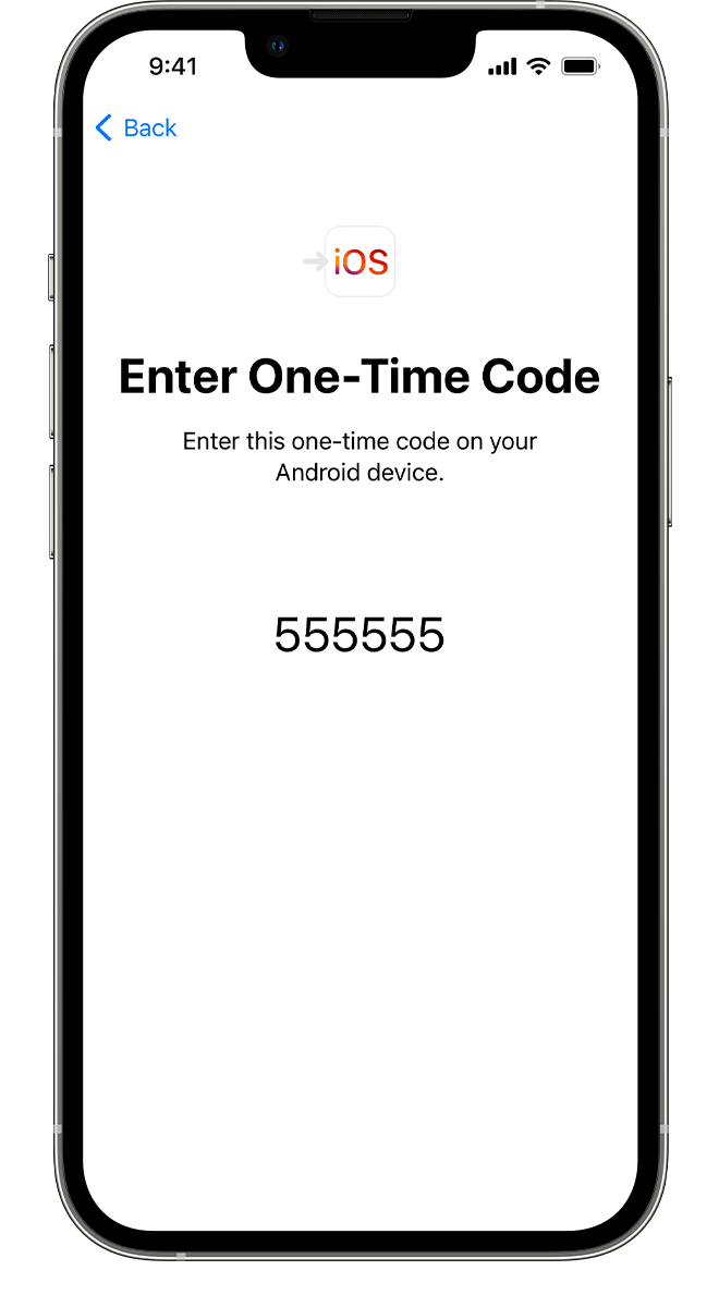 A new iPhone showing a one-time code to enter on your Android device.