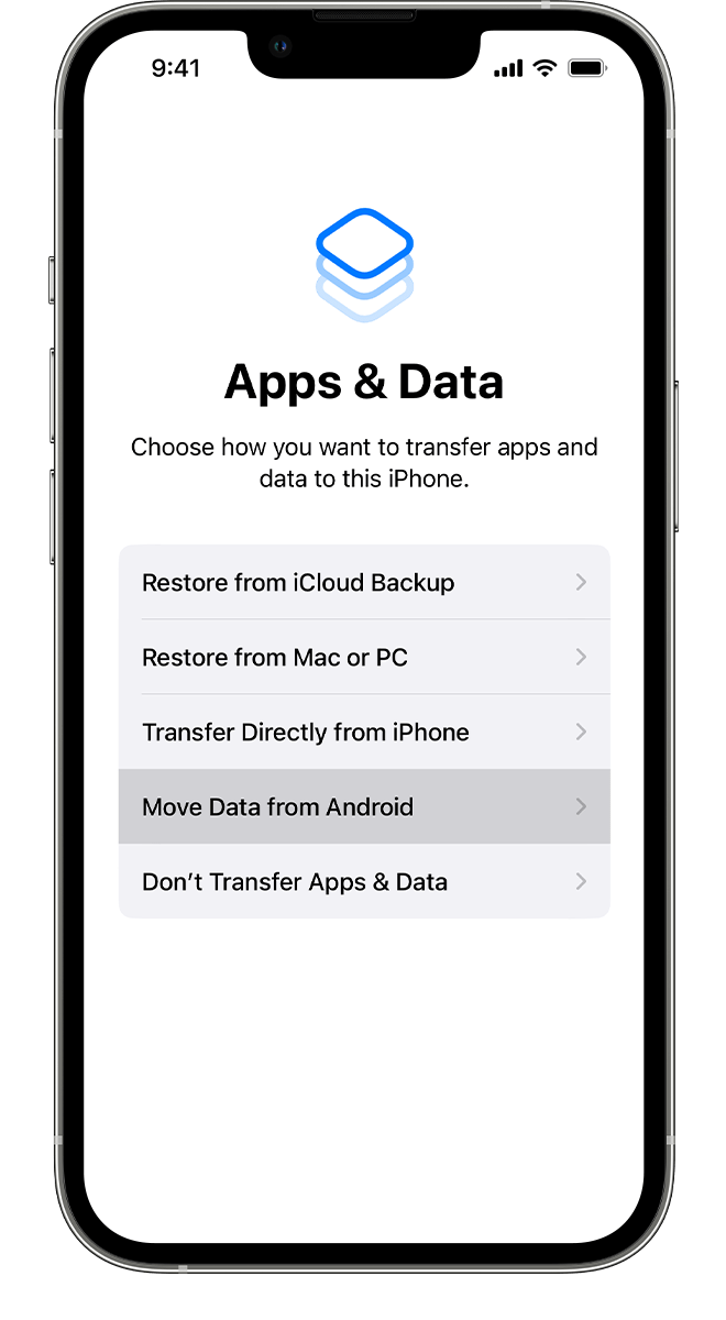 A new iPhone showing the Apps & Data screen, where you choose how you want to transfer your data. The Move Data from Android option is selected.