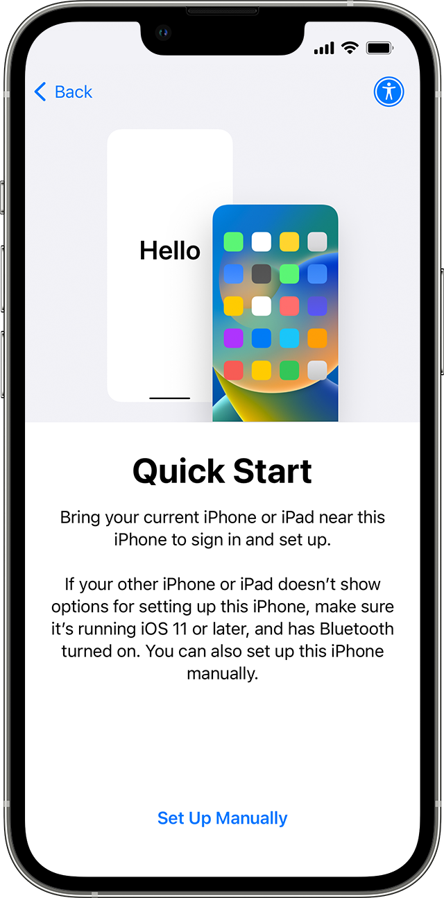 A new iPhone showing the Quick Start screen. The instructions ask you to put your old device near your new one.