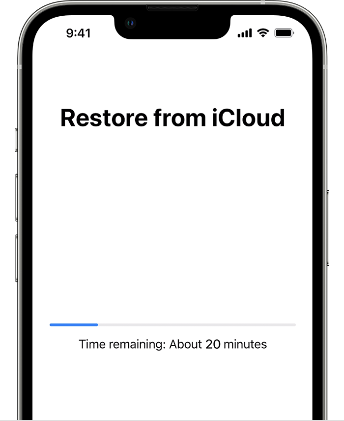 iPhone showing the Restore from iCloud screen with a progress bar. It says the time remaining is about 20 minutes.
