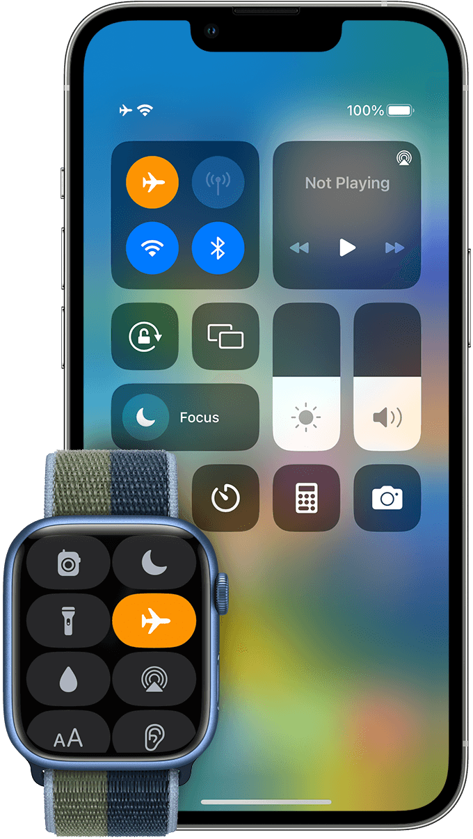 iPhone and Apple Watch showing Airplane Mode enabled